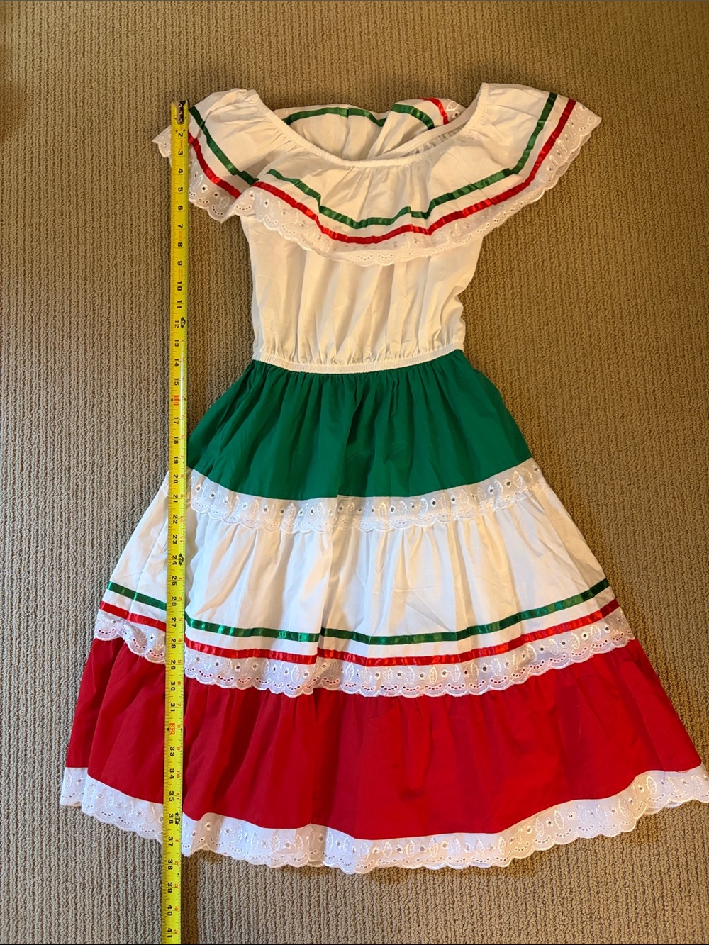 Children's Mexican Fiesta Dress Costume in White, Green & Red
